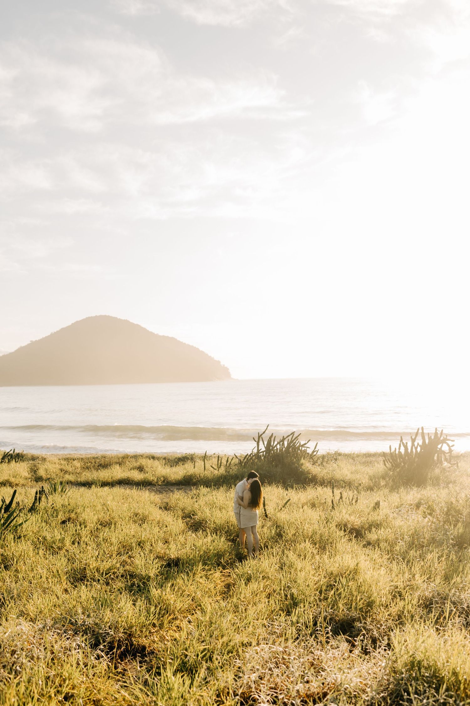Scenic coastal landscape at sunset with mountain silhouette and golden grass in foreground.