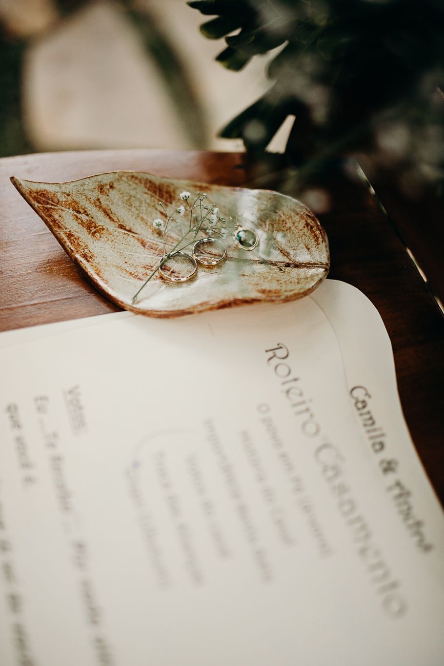 Wedding rings rest on a paper document at an outdoor ceremony.