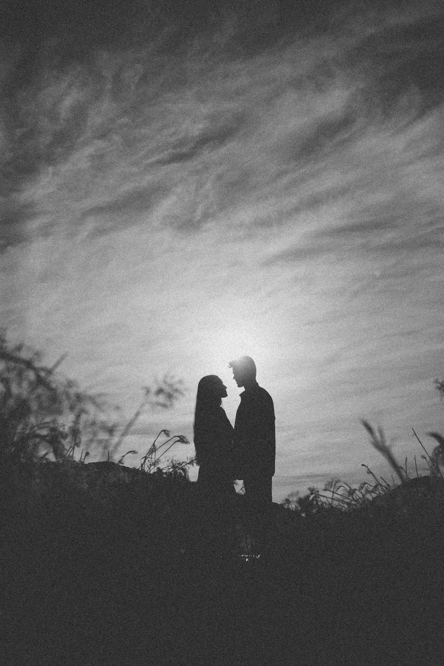 Black and white silhouette of a couple against cloudy sky surrounded by natural vegetation.