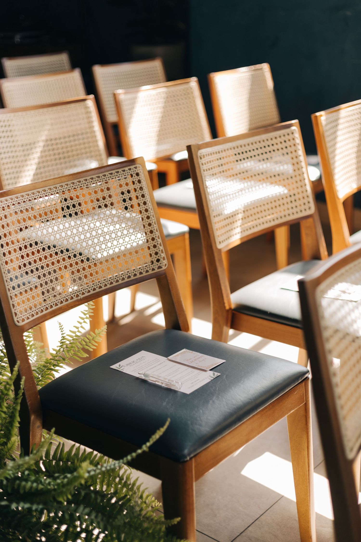 Rattan-backed dining chairs arranged with place settings in natural sunlight.