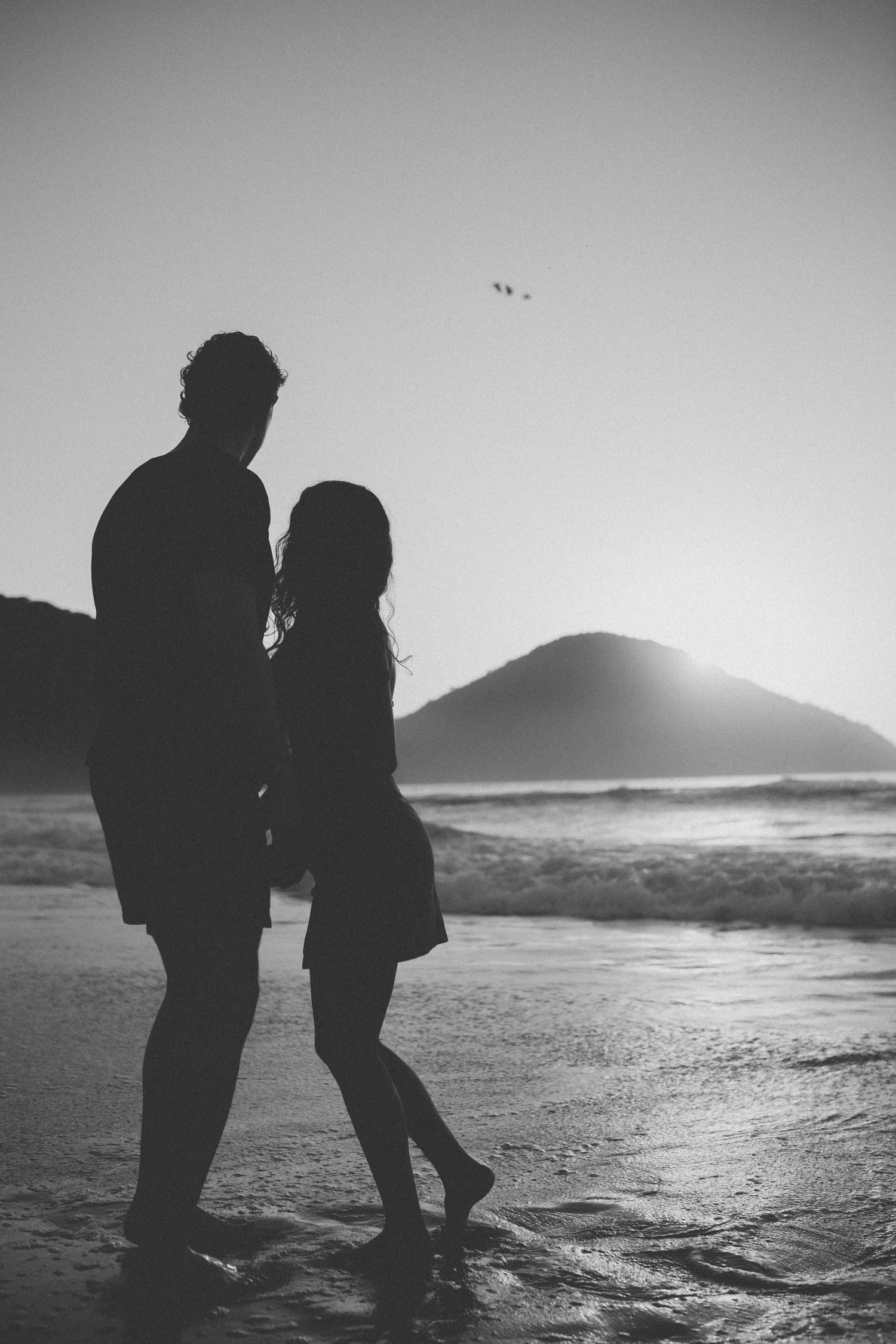 Silhouetted figures stand close together on beach at sunset with mountain and birds in sky.