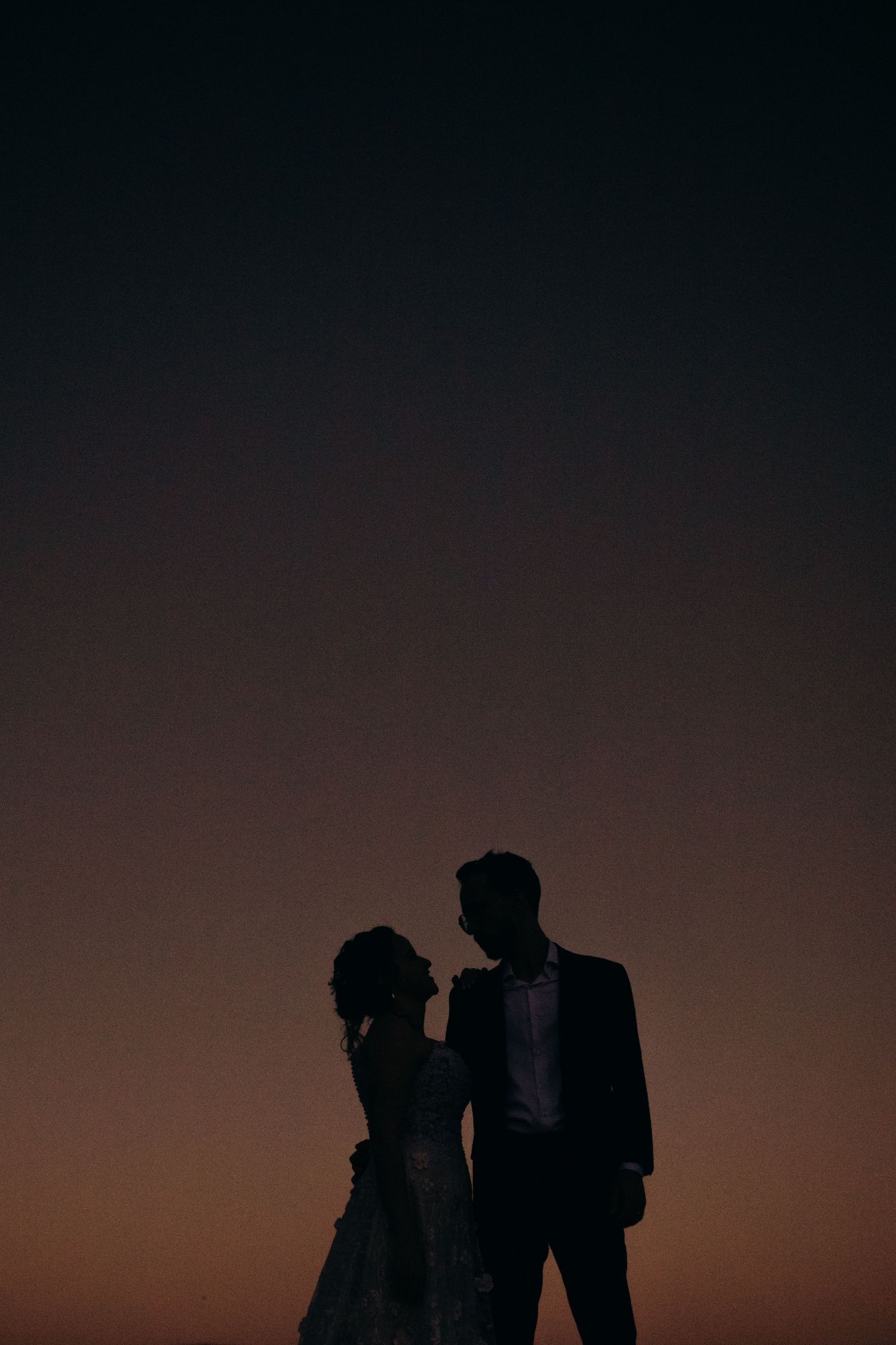 Dramatic silhouette of a couple against a dusky sky.