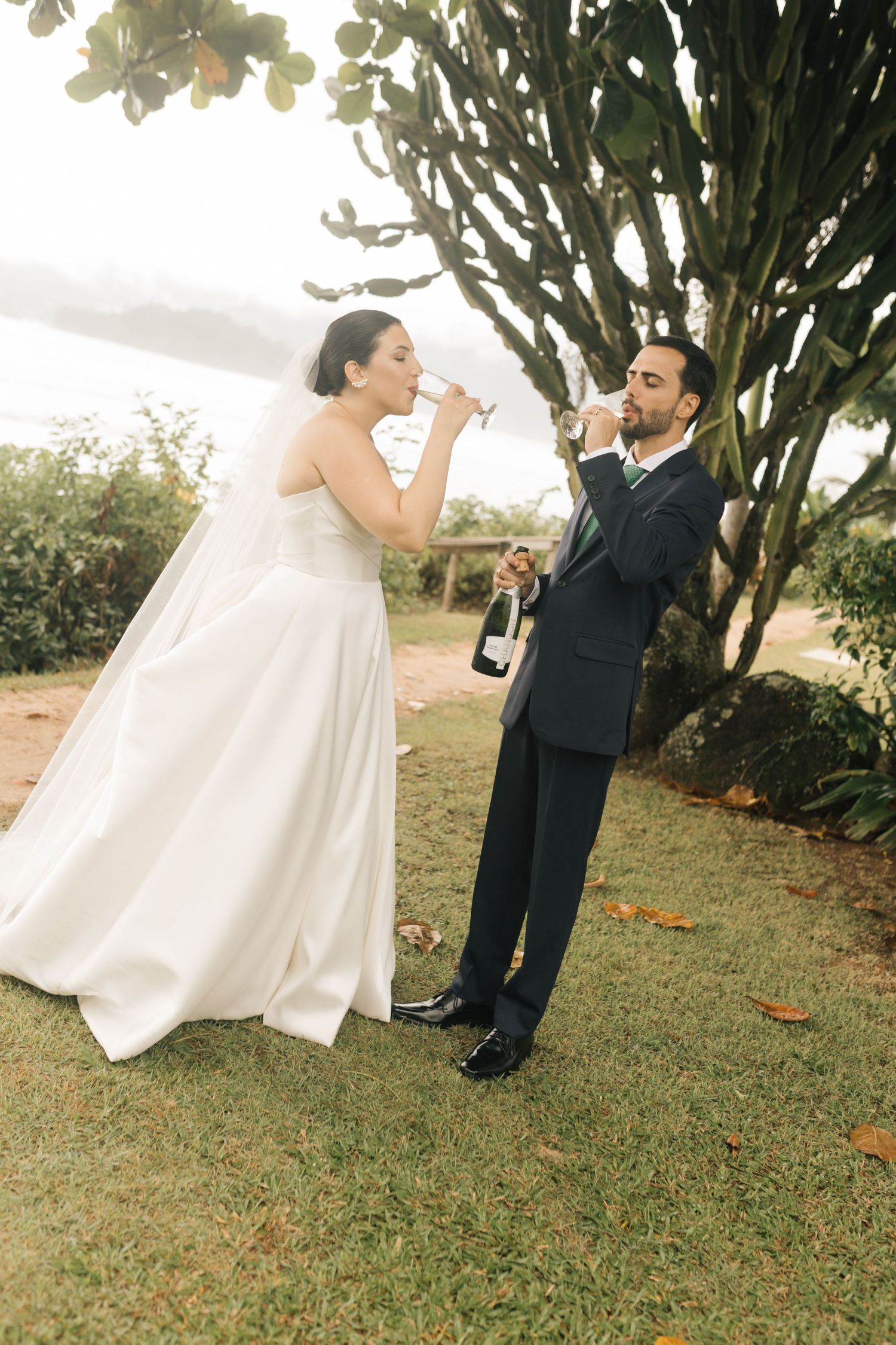 Wedding couple toasts with champagne under a large tree at their outdoor ceremony.