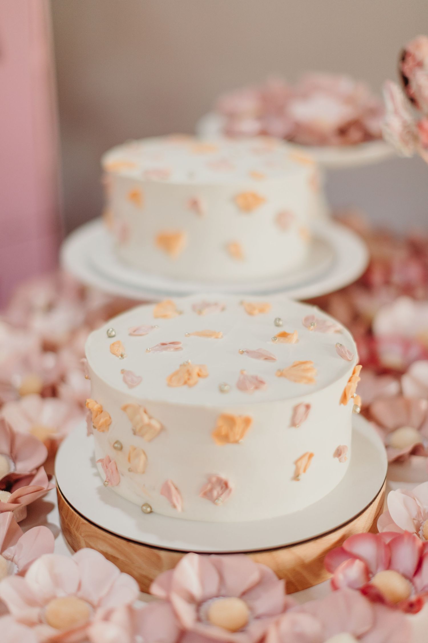 White cake with delicate peach and pink decorative elements surrounded by rose petals on elegant display.