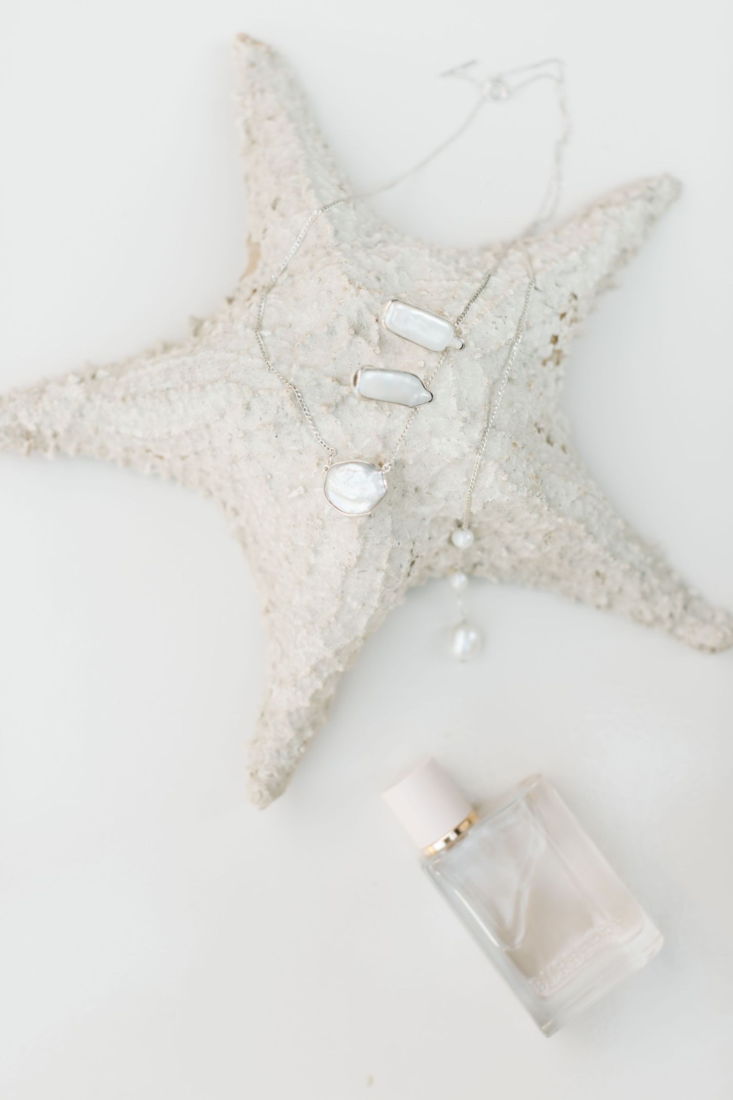 Decorative white starfish and small bottle arranged on light background.