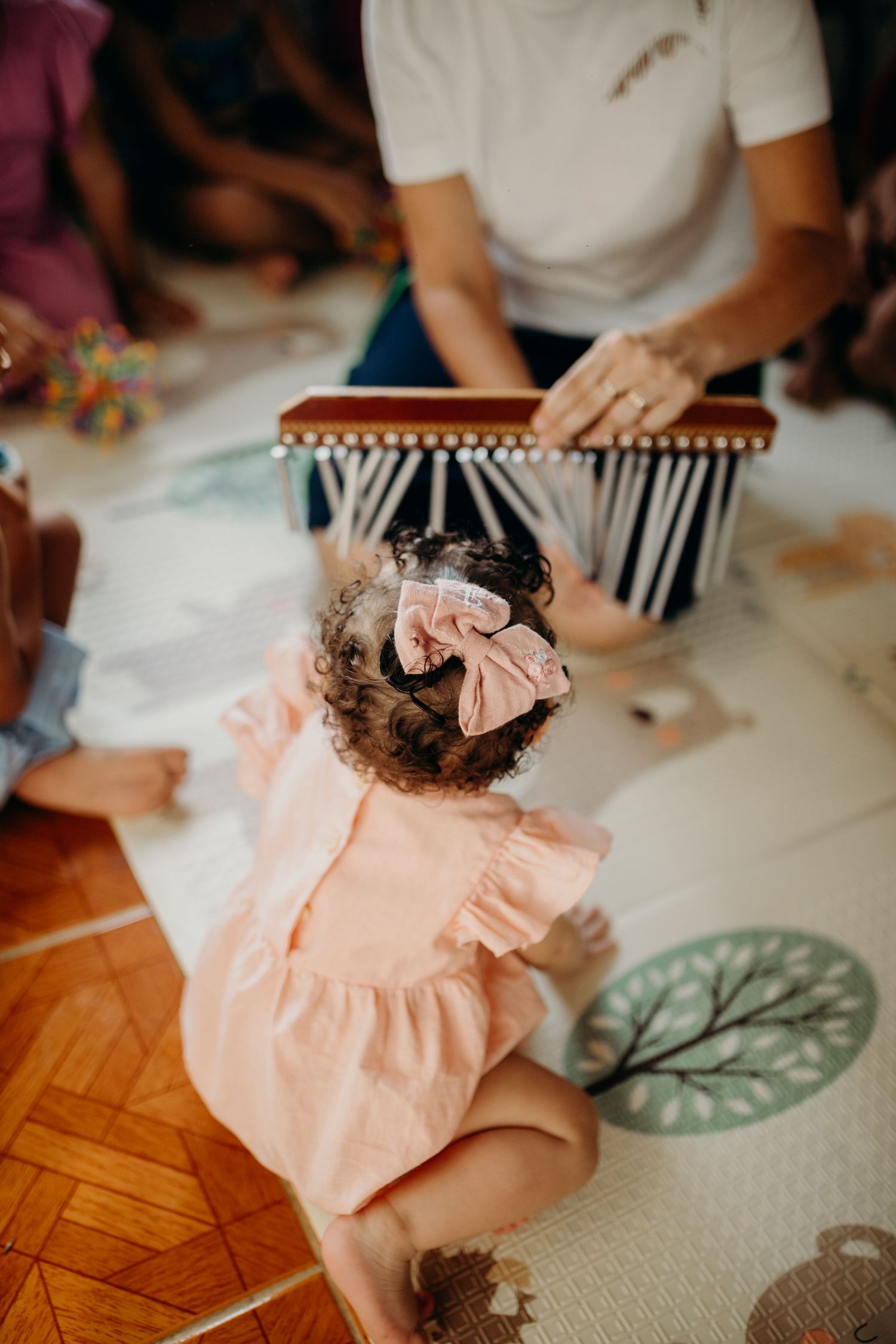 Musical performance scene with kalimba instrument and decorative elements on wooden floor.
