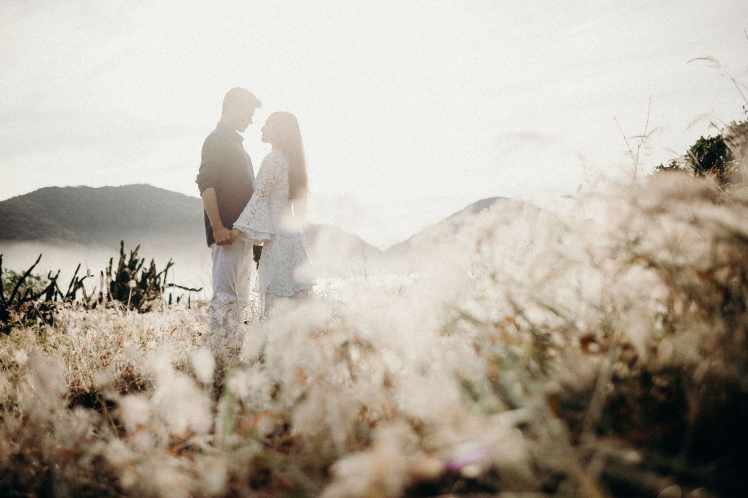 Couple walking together in a dreamy golden field during sunset with mountains in the background.