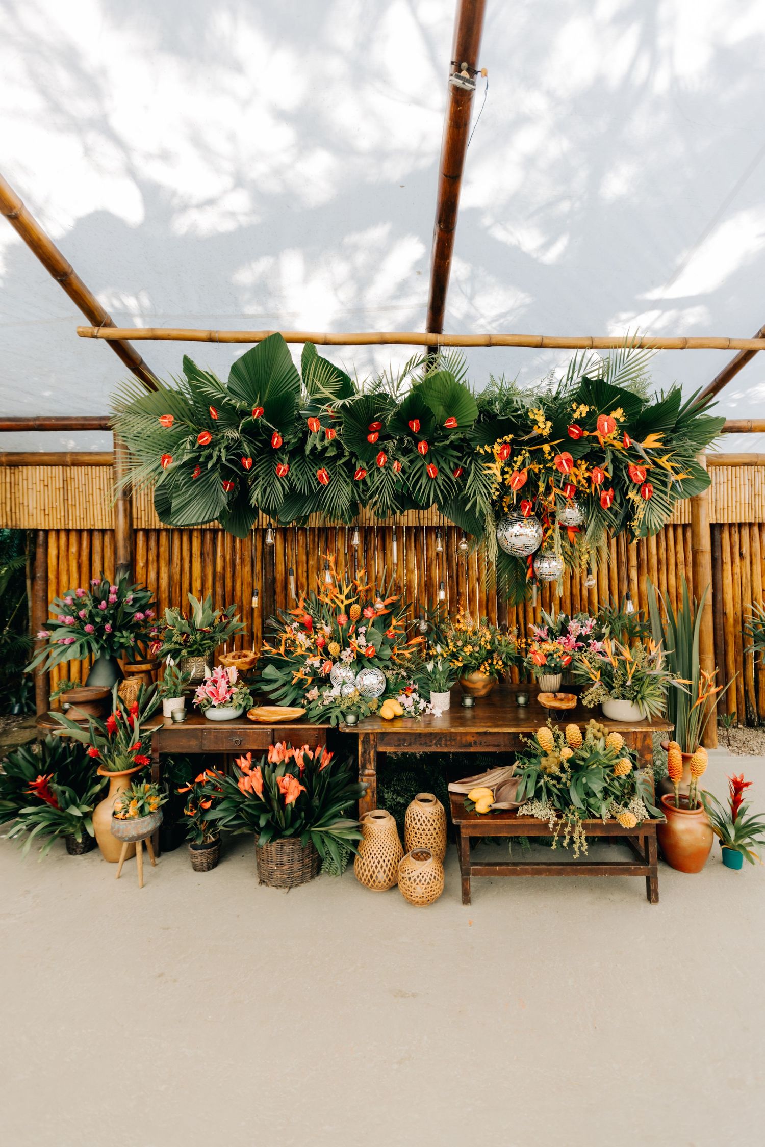 Tropical event setup with hanging greenery, orange flowers, and bamboo backdrop under a tent structure.