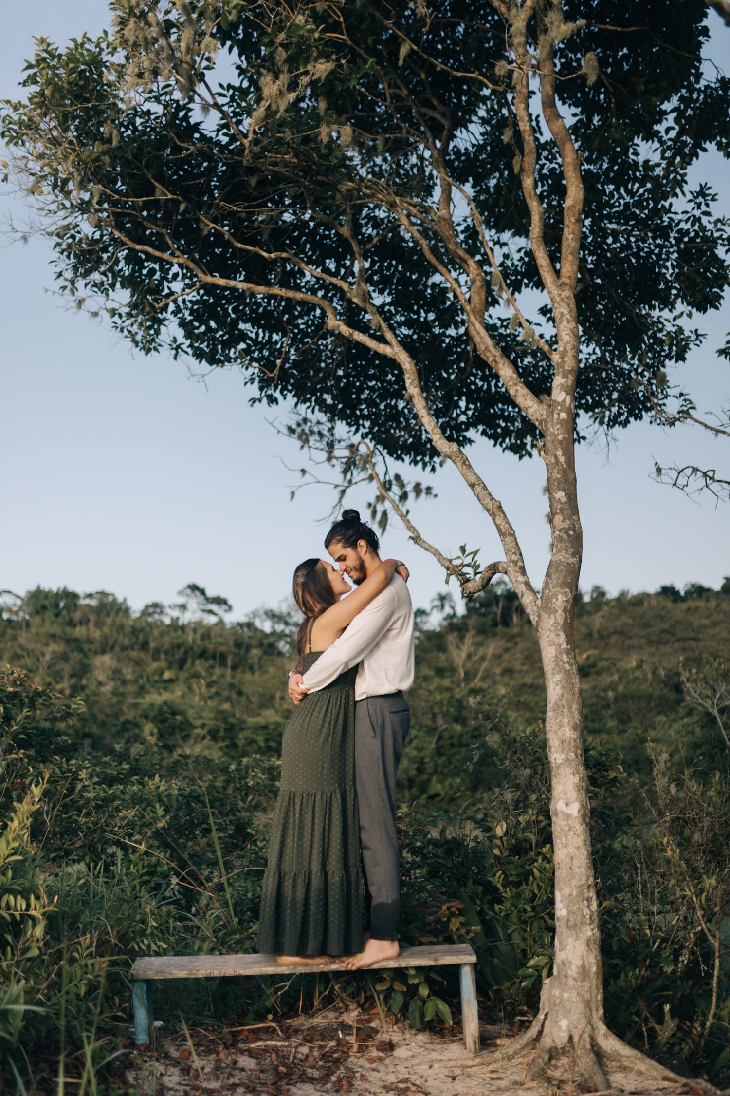 Couple sharing an intimate moment while standing on a bench beneath a sprawling tree.