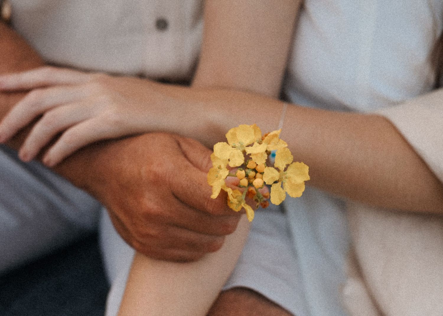 Close-up of hands holding yellow flowers during romantic outdoor photoshoot.