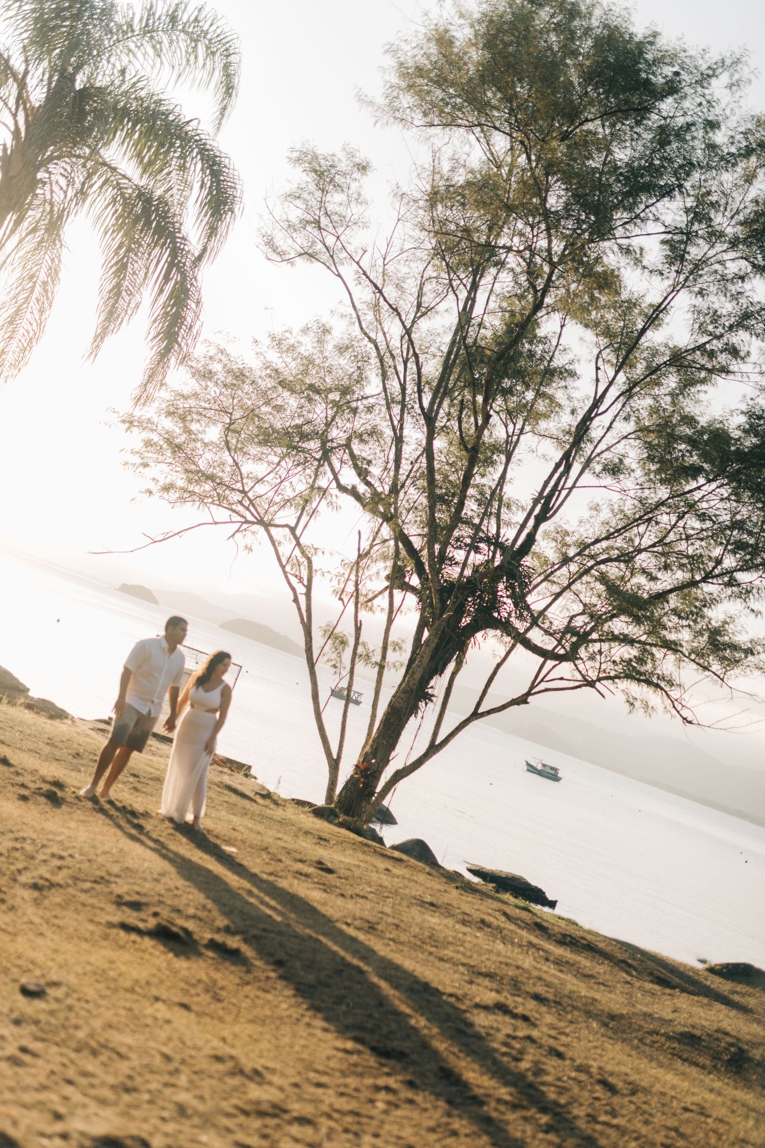 A couple walking along a hillside path overlooking the water at sunset with palm trees in the background.