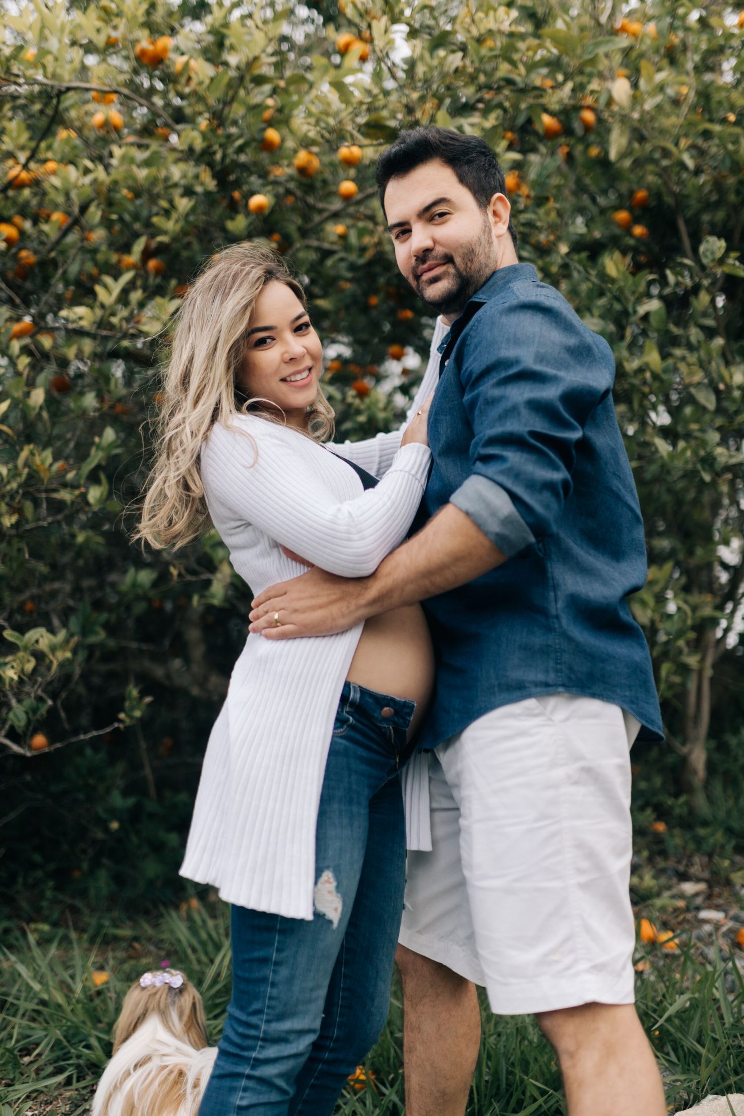 A couple embraces in front of citrus trees while a small white dog watches.