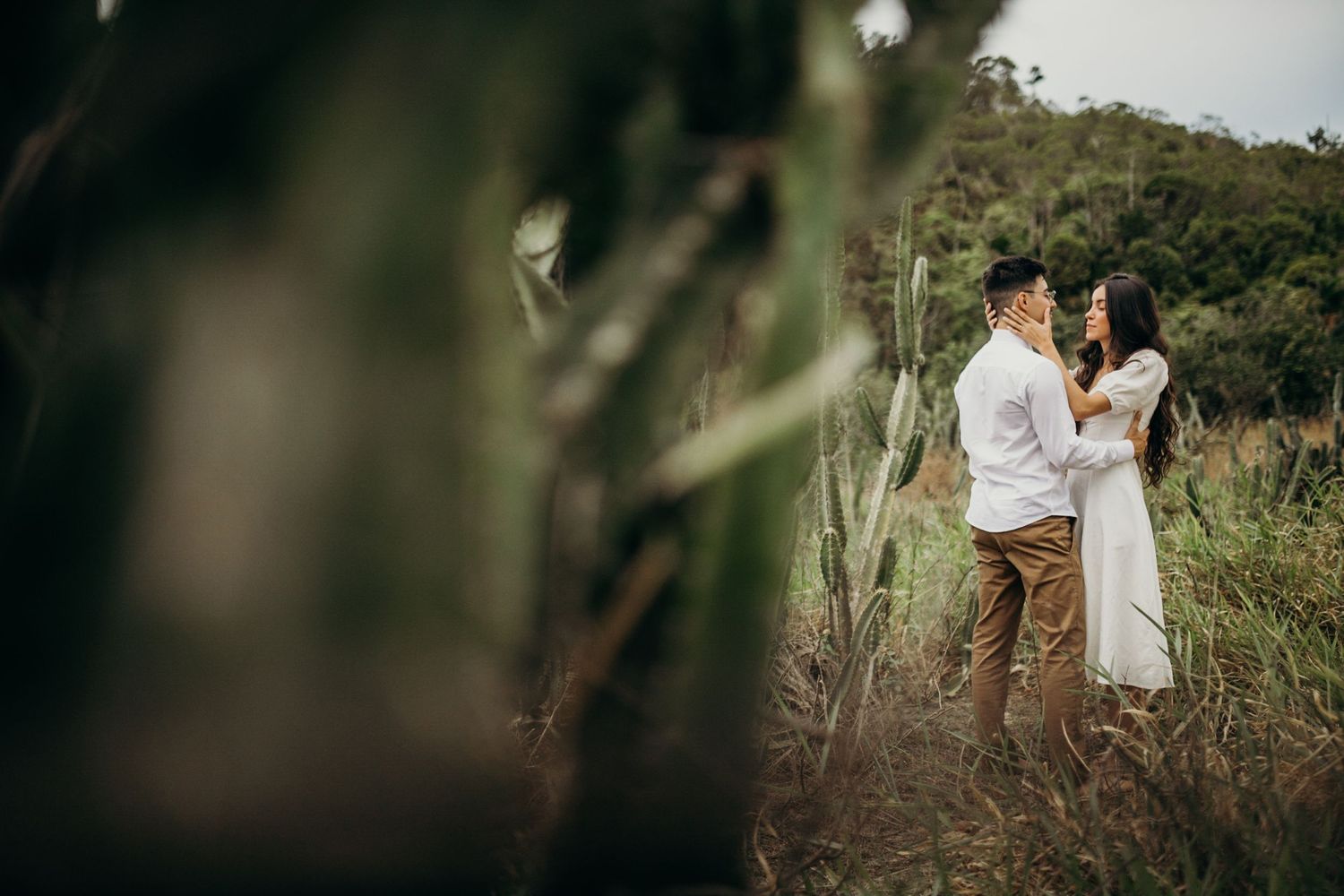 Couple embraces in rustic outdoor setting with soft focus foliage.
