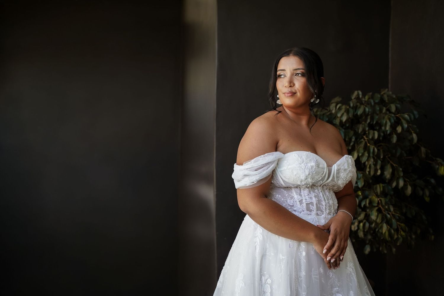 Bride in off-shoulder white lace ball gown poses elegantly against dark wall with greenery backdrop.