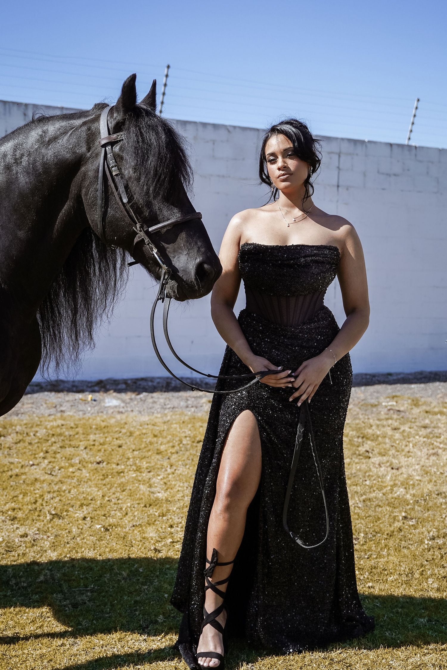 Elegant woman in black sequin gown standing beside a black horse outdoors.