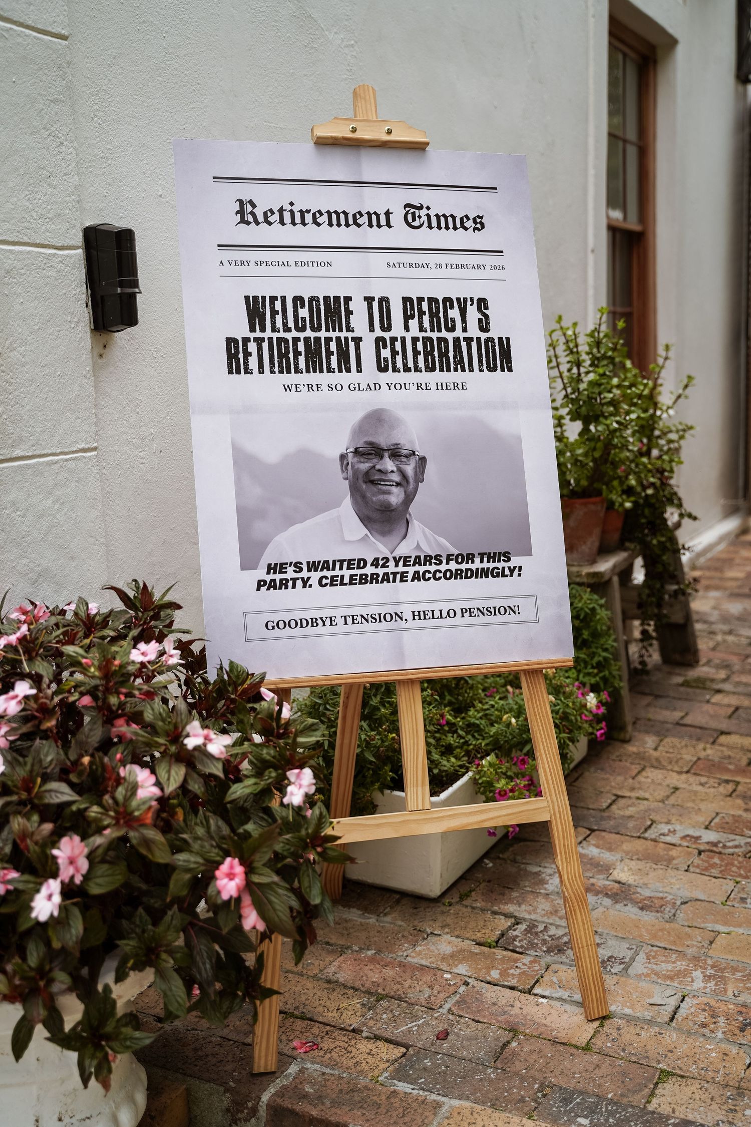 Welcome sign for Percy's retirement celebration after 42 years of service.