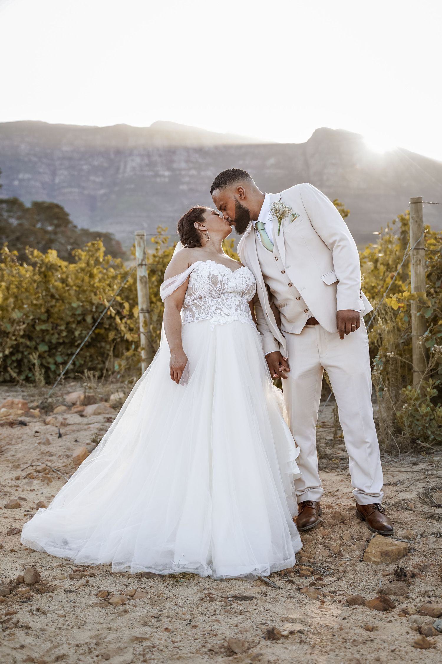 Bride and groom share a romantic kiss in a vineyard with stunning mountain backdrop at sunset.