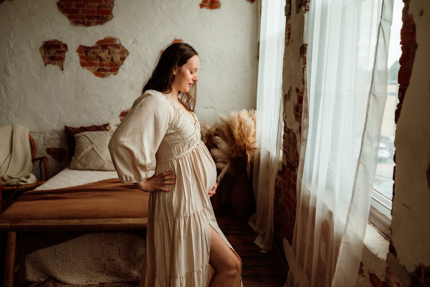 Mom to be in neutral wrap dress, outdoor maternity portraits, Harleysville PA