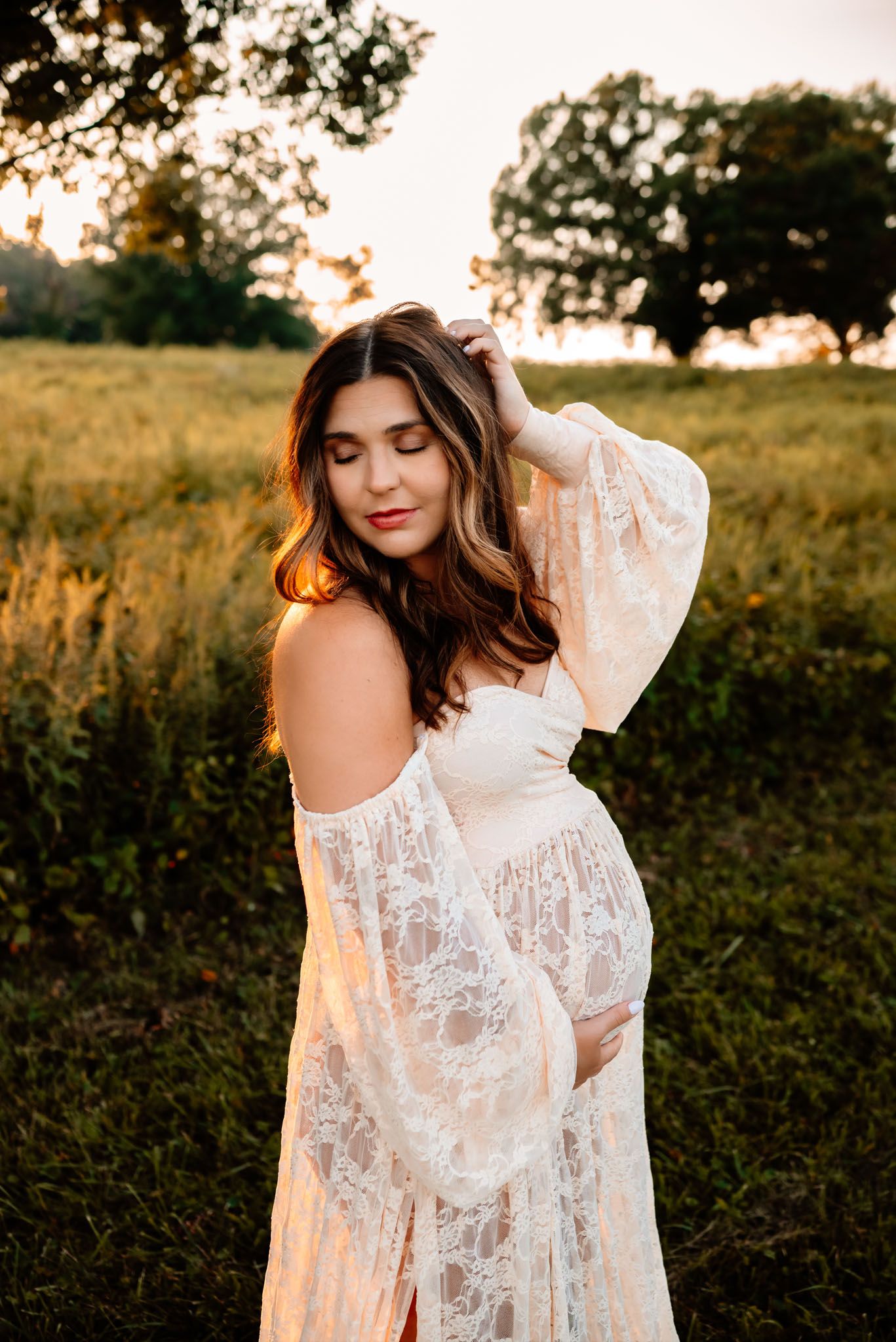 Mom to be in neutral wrap dress, outdoor maternity portraits, Harleysville PA