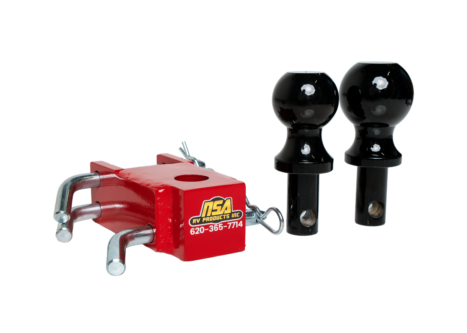 Red aluminum ball mount with black tow hitch balls for trailer hitching and towing applications.