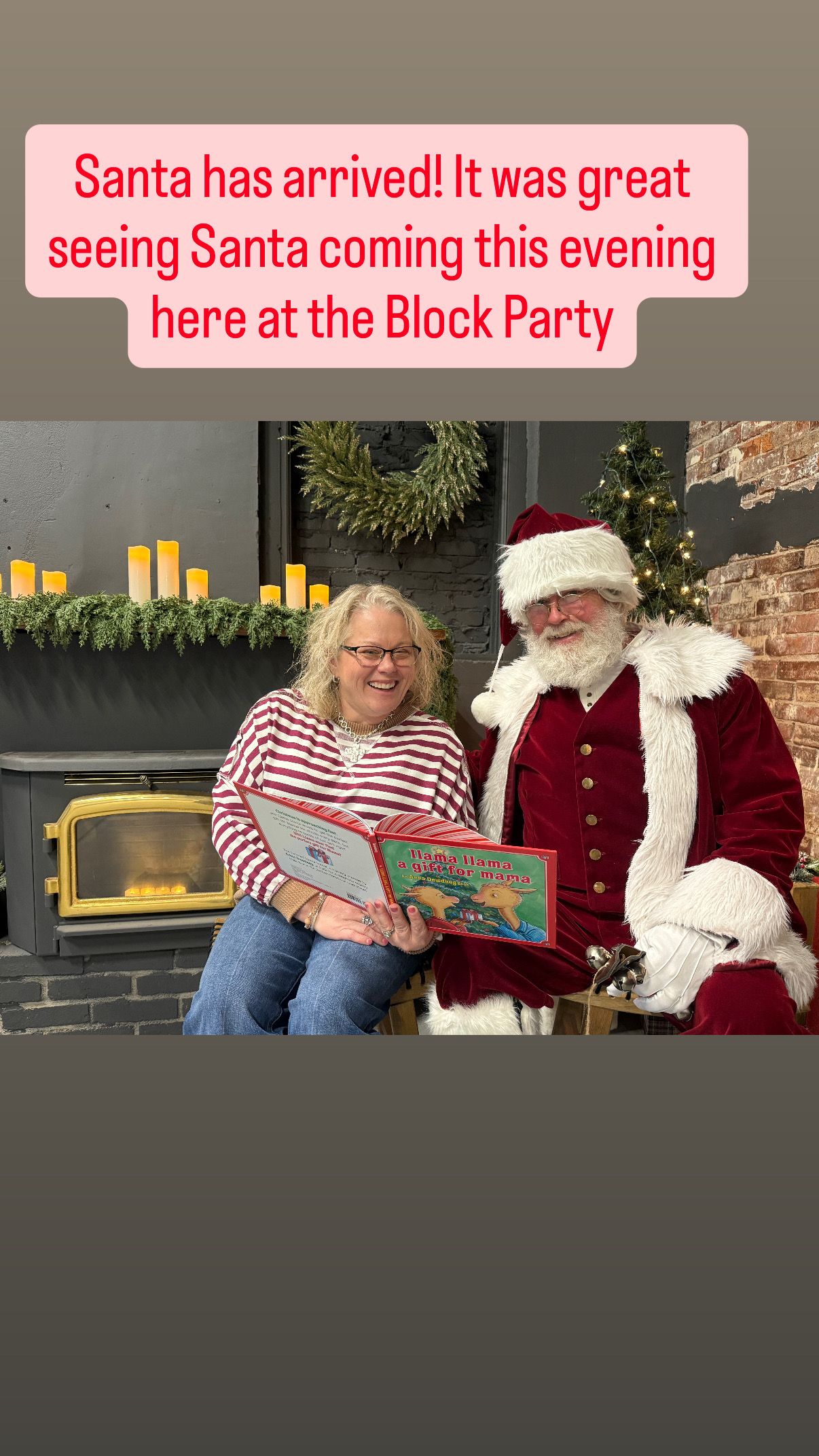 A festive holiday scene shows Santa reading stories at a block party celebration.