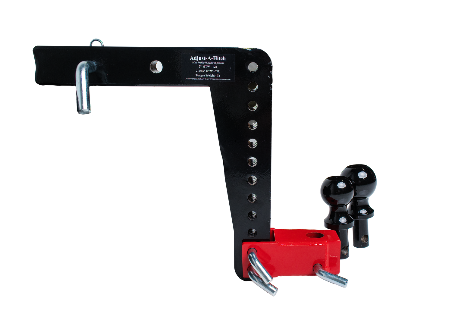 Adjustable black and red trailer hitch with dual ball mount and multiple height positions for towing versatility.