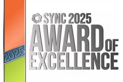 A row of colorful award badges and logos for SYNC 2025 and Excellence arranged horizontally on a white background.
