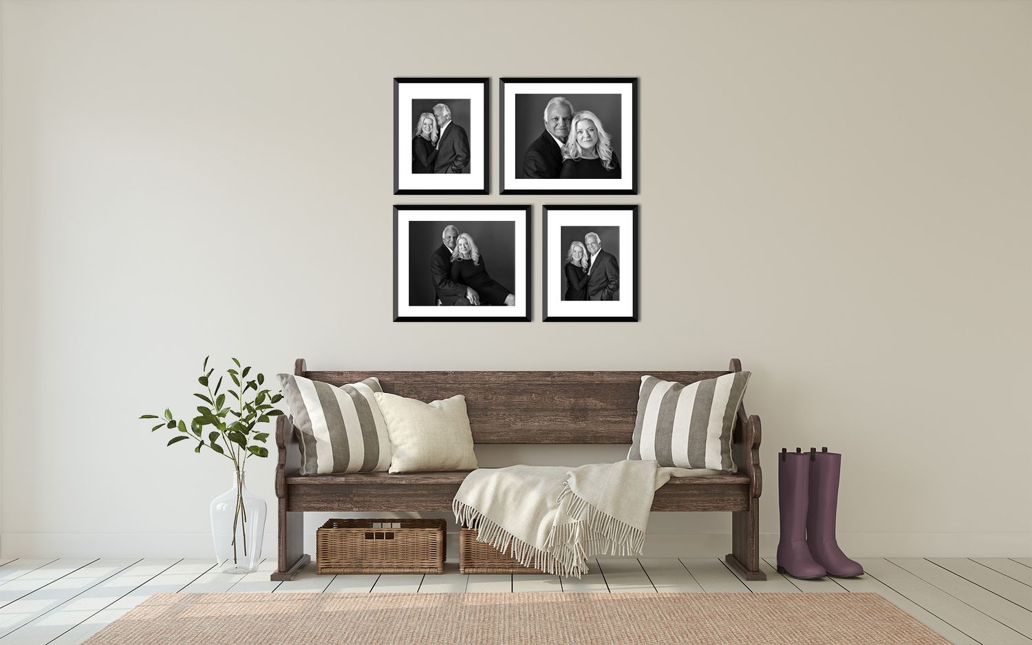 Interior wall design mockup showing black and white artwork with modern furnishings.