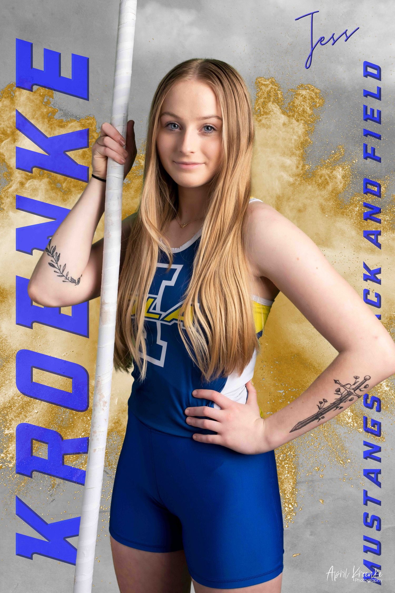 Athletic portrait series featuring navy blue uniform against textured gold background.
