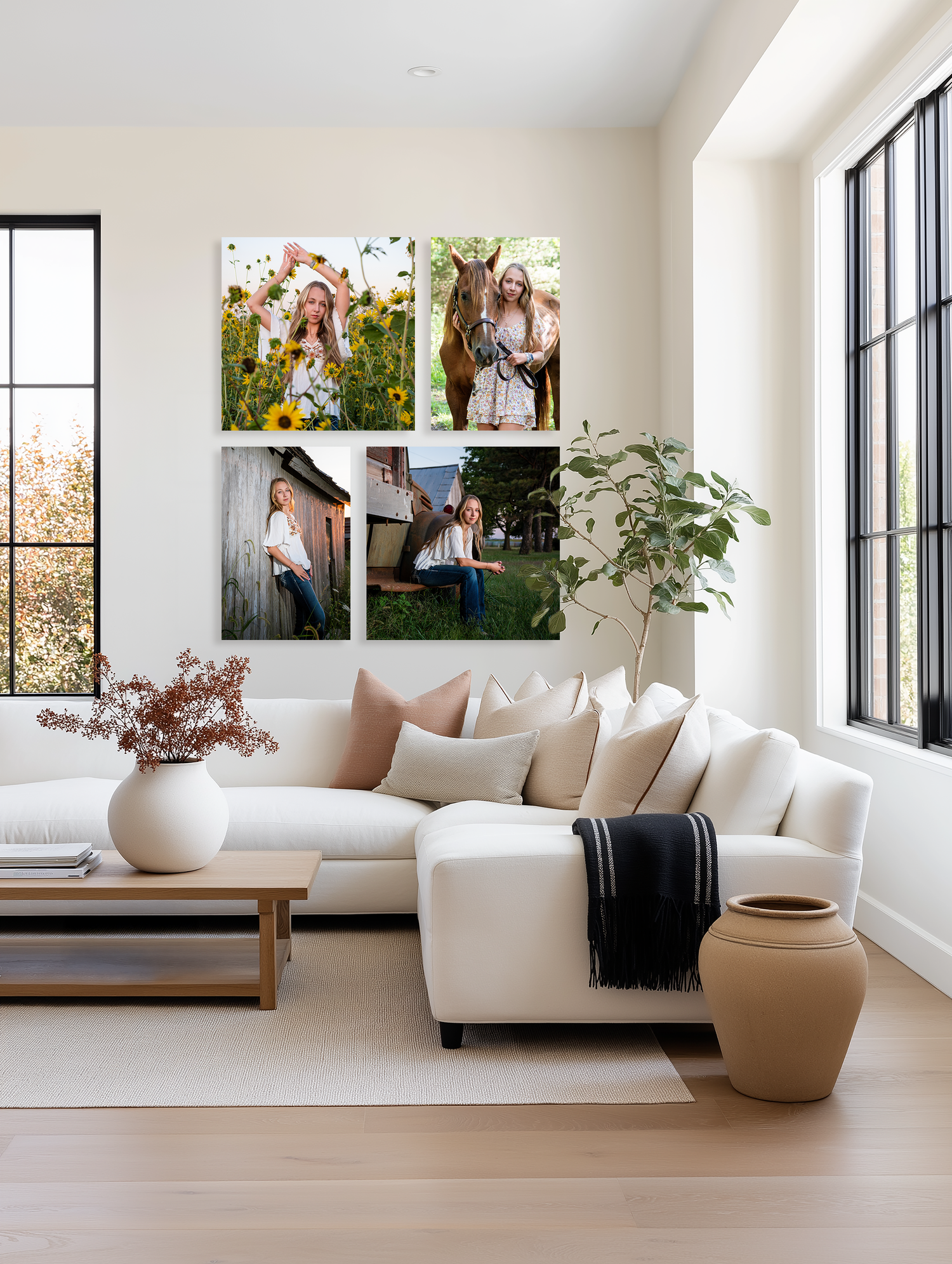 Modern minimalist living room with white sofa, large windows, and framed photos displayed on floating shelves.