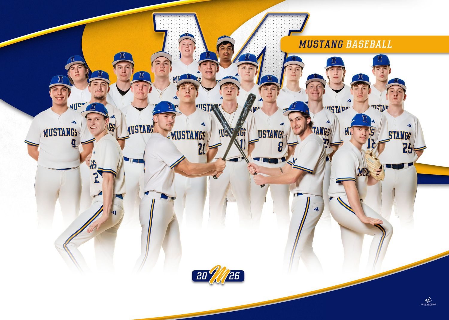 Baseball team players in white uniforms pose together for a group photo against a blue and yellow backdrop.