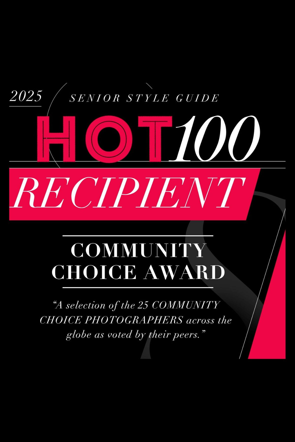 2025 Senior Style Guide Hot 100 Recipient Community Choice Award banner in black, white and hot pink design.