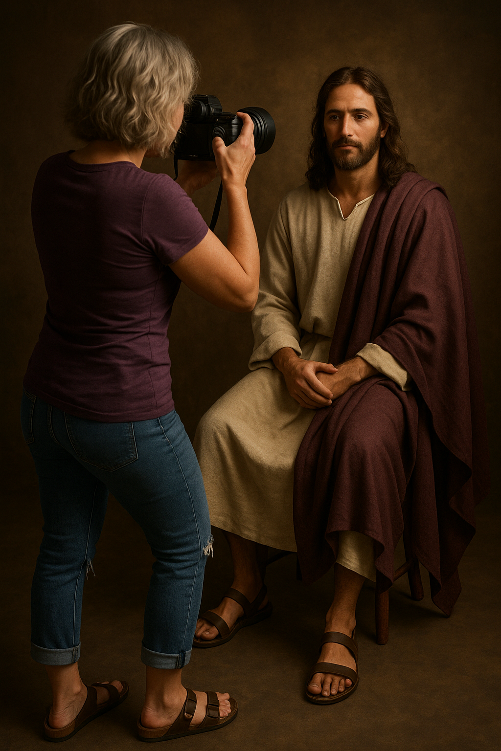 A series of photos showing someone kneeling and touching feet in sandals against a dark brown background.
