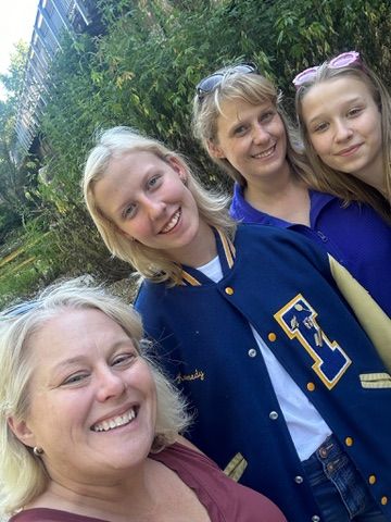 A series of selfies showing people in blue FFA jackets smiling together outdoors with trees in the background.