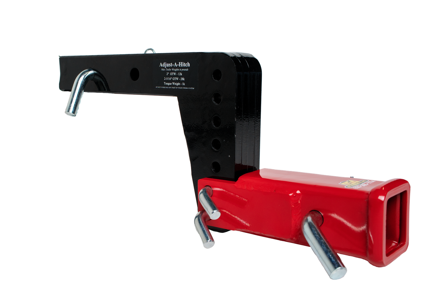 A red and black trailer hitch receiver with chrome mounting pins for towing vehicles and trailers.