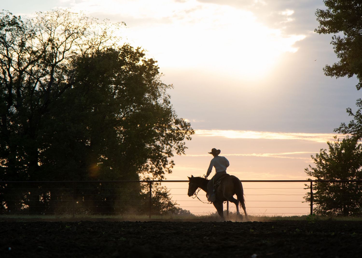 Silhouette of a cowboy on horseback against a dramatic sunset sky.