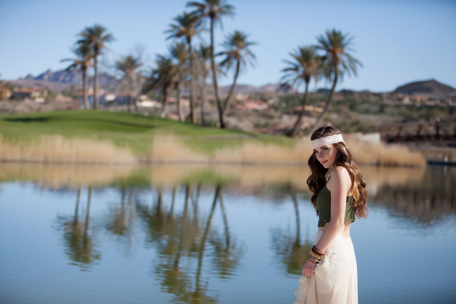 Scenic lakeside photo series with palm trees and water reflections in golden light.