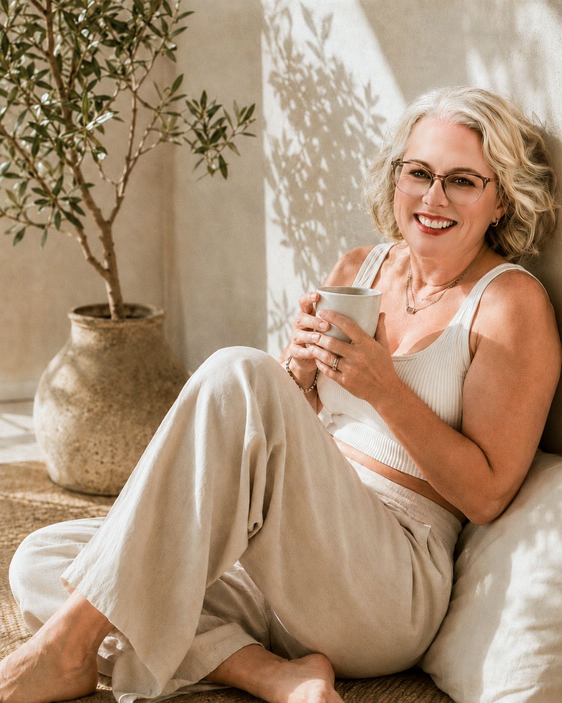 A smiling middle-aged woman with glasses relaxes indoors holding a white mug, wearing neutral linen loungewear near a potted olive tree.