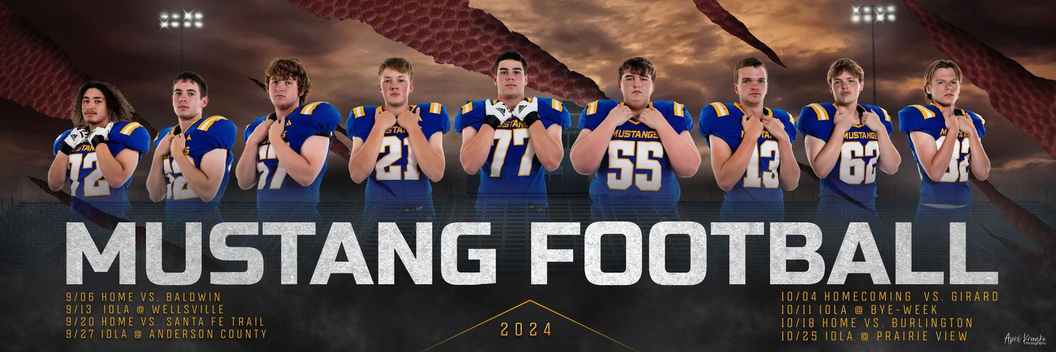 Football team banner with players in blue uniforms against dramatic sunset background.