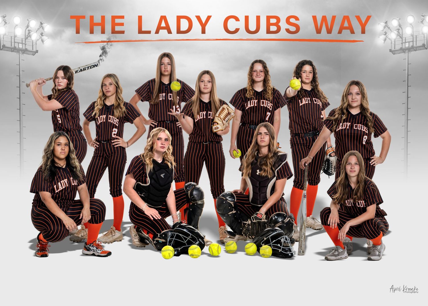 Lady Cubs softball team group photo with text overlay.