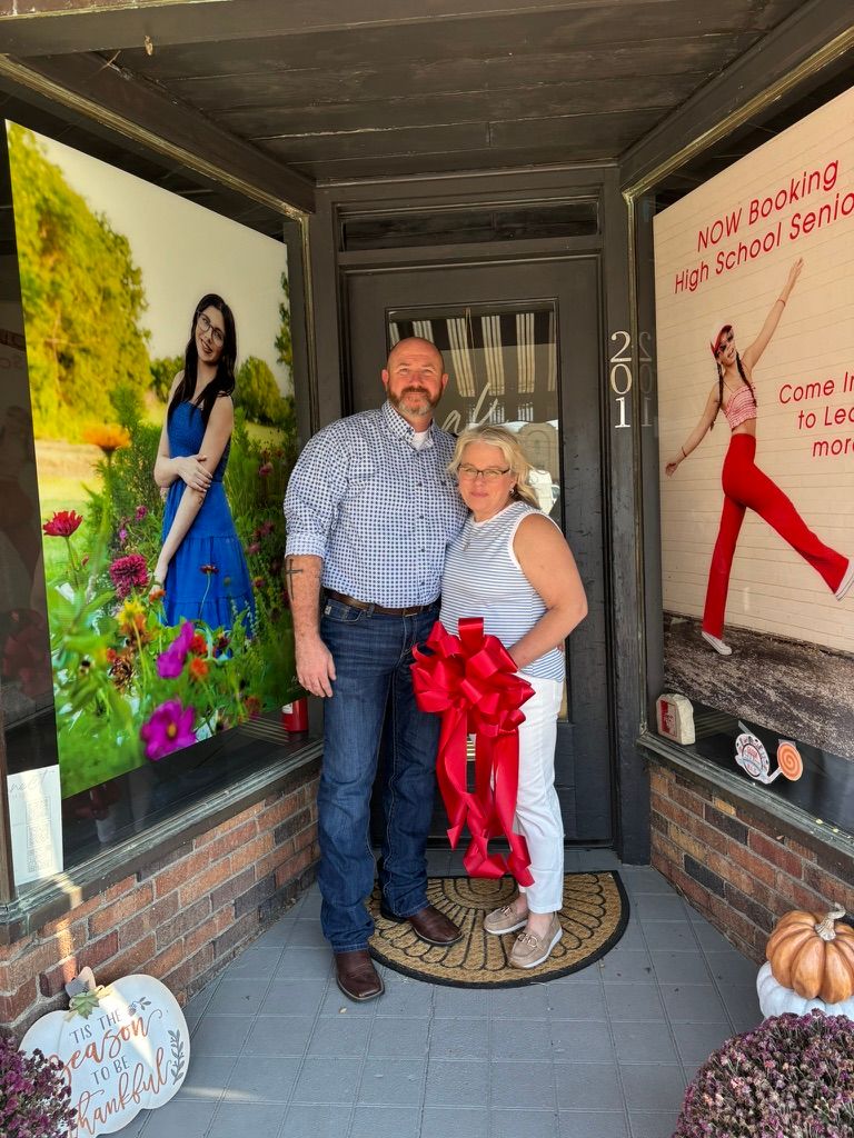 A creative panoramic sequence of engagement photos showing couples posing on a porch with red heart decorations.