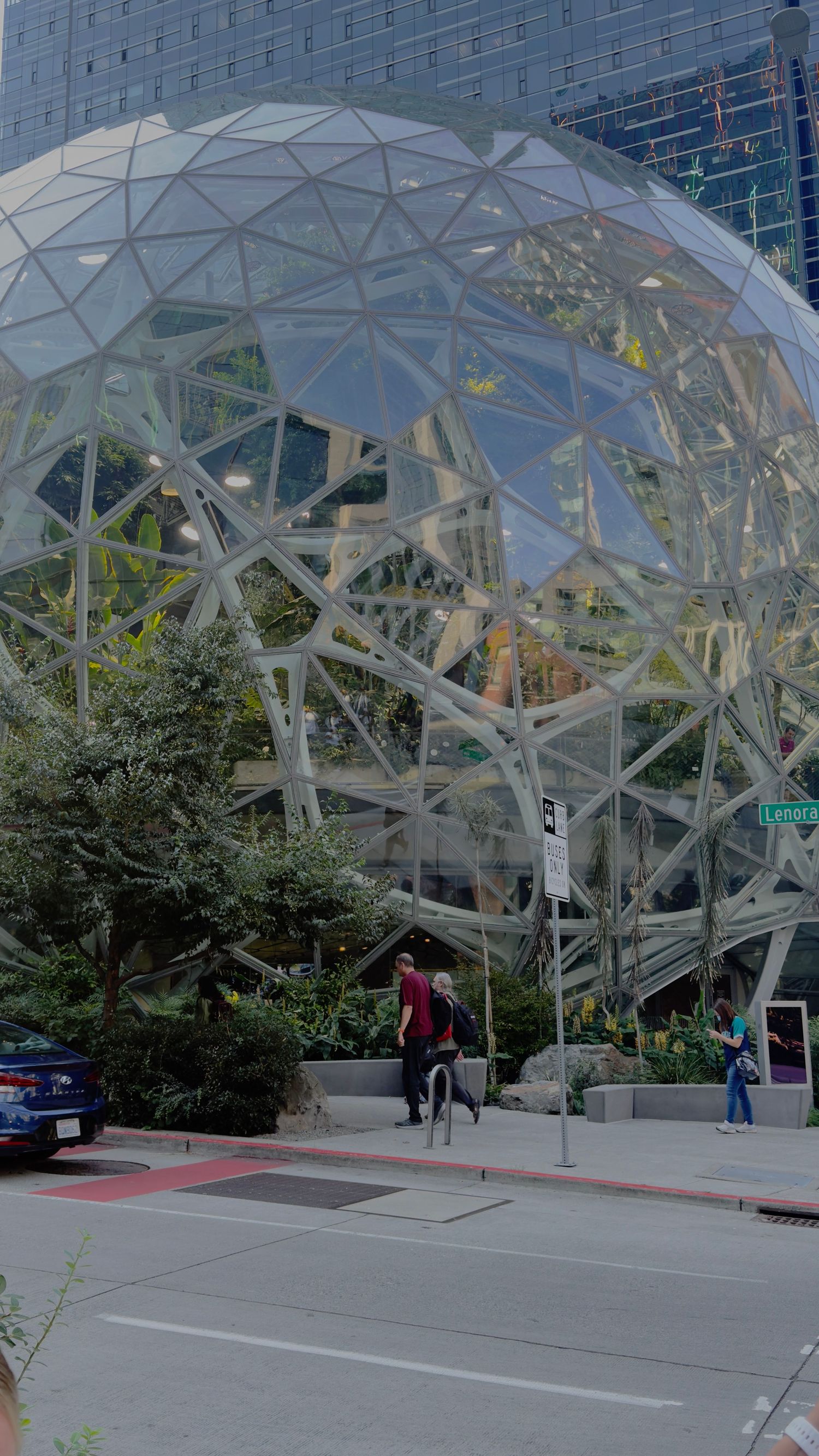 Modern glass dome structure of Amazon Spheres with geometric patterns in downtown Seattle.