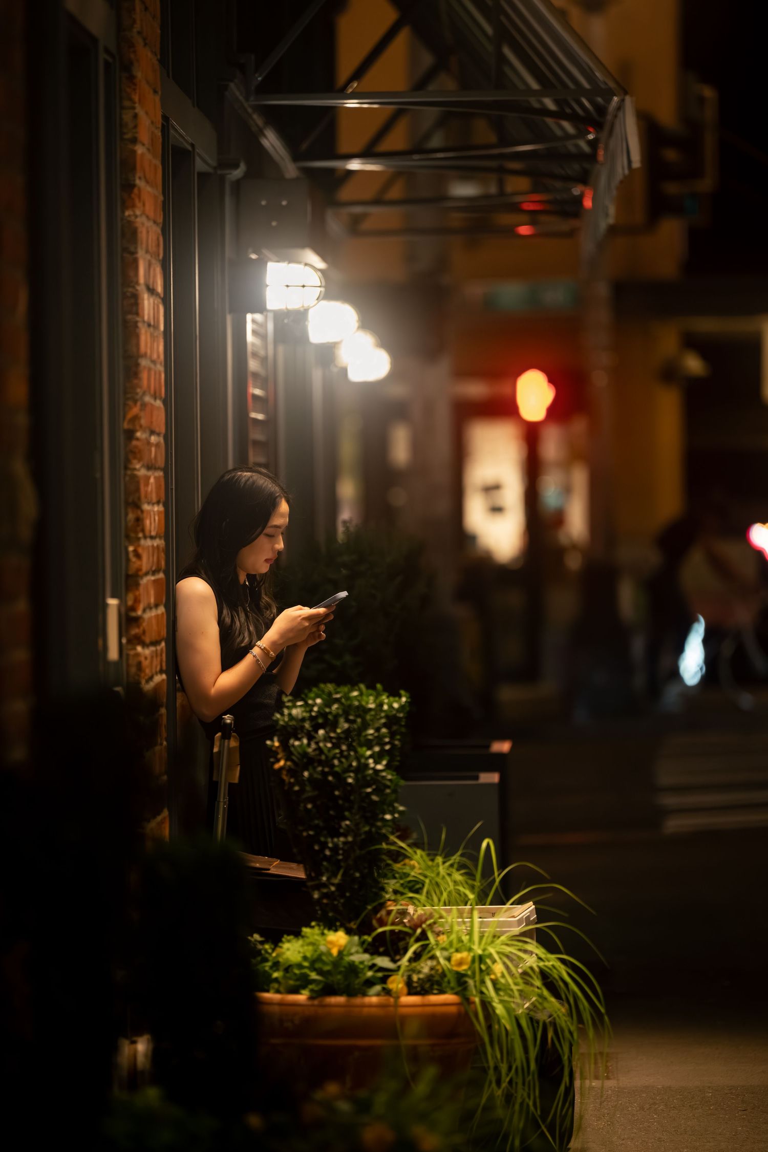Moody nighttime scene of illuminated brick walkway with potted plants and ambient lighting.