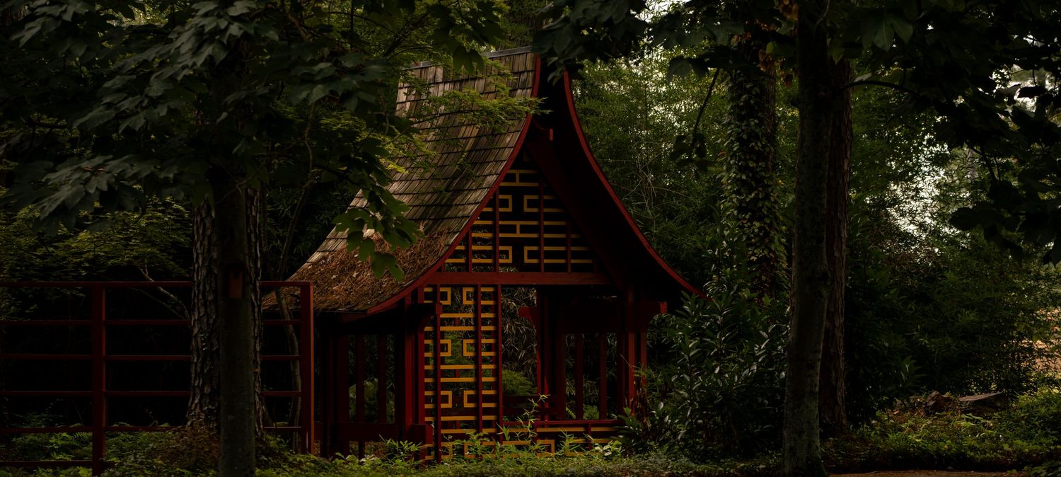 Rustic wooden cabins nestled among trees in a forest setting.