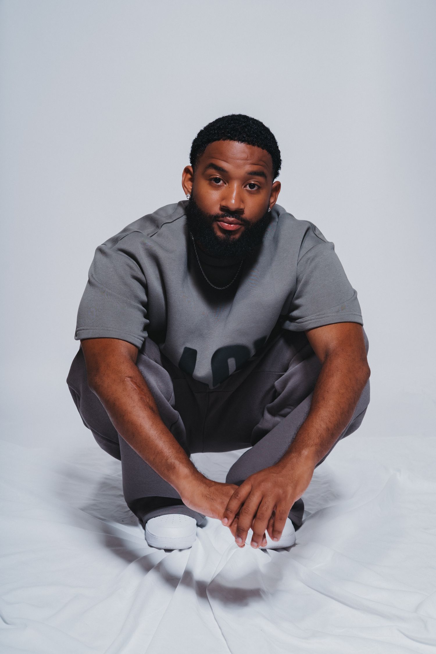 Bearded Black man in gray outfit sitting on floor against white background.