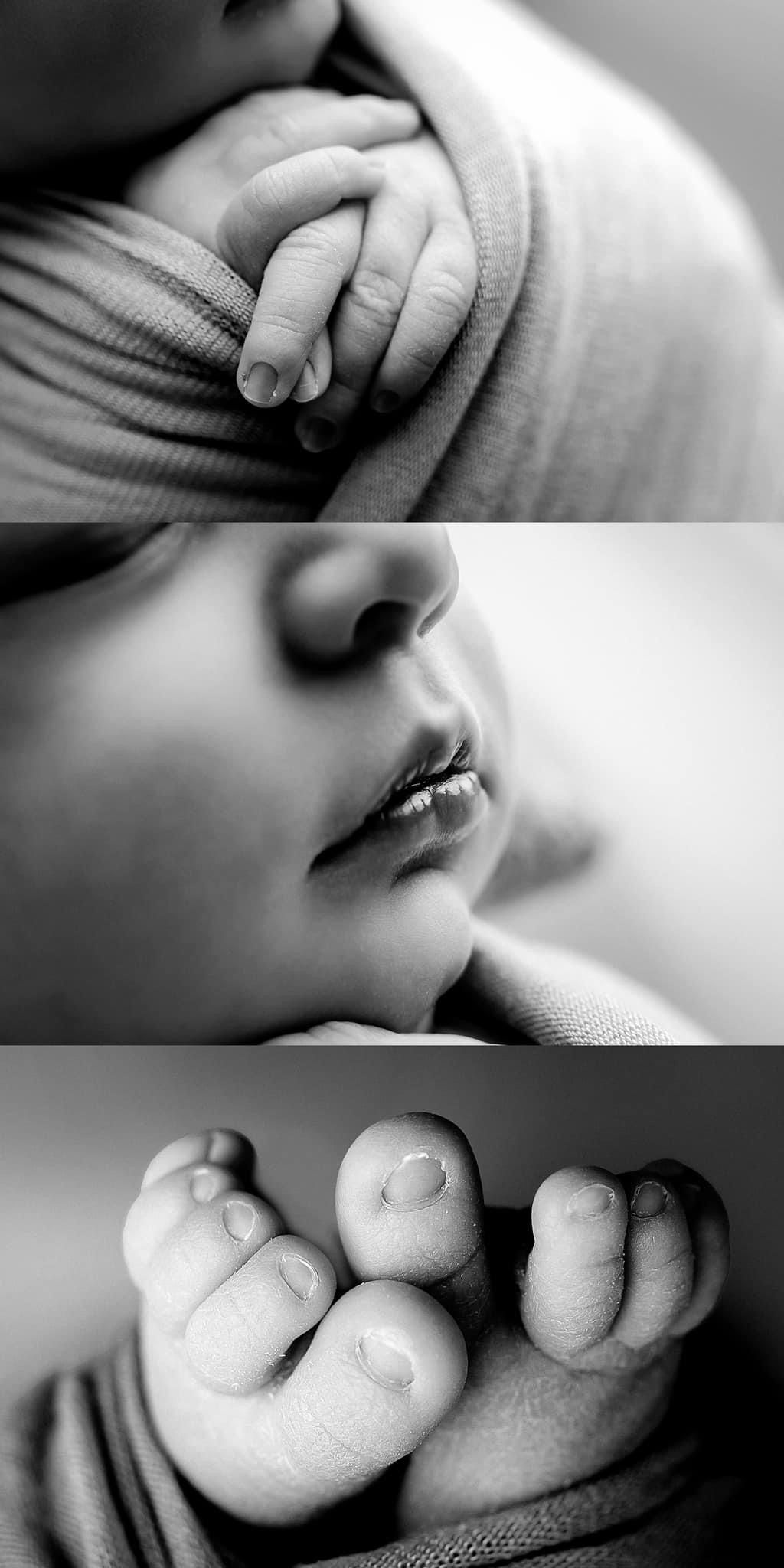 Black and white collage of close-up newborn details including tiny hands, face, and toes