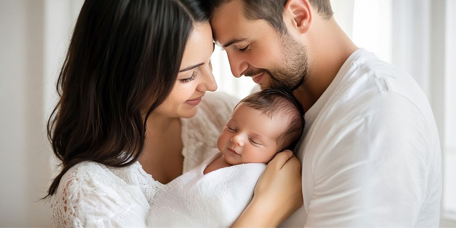 Lifestyle newborn portrait of parents holding their baby in a calm, natural setting