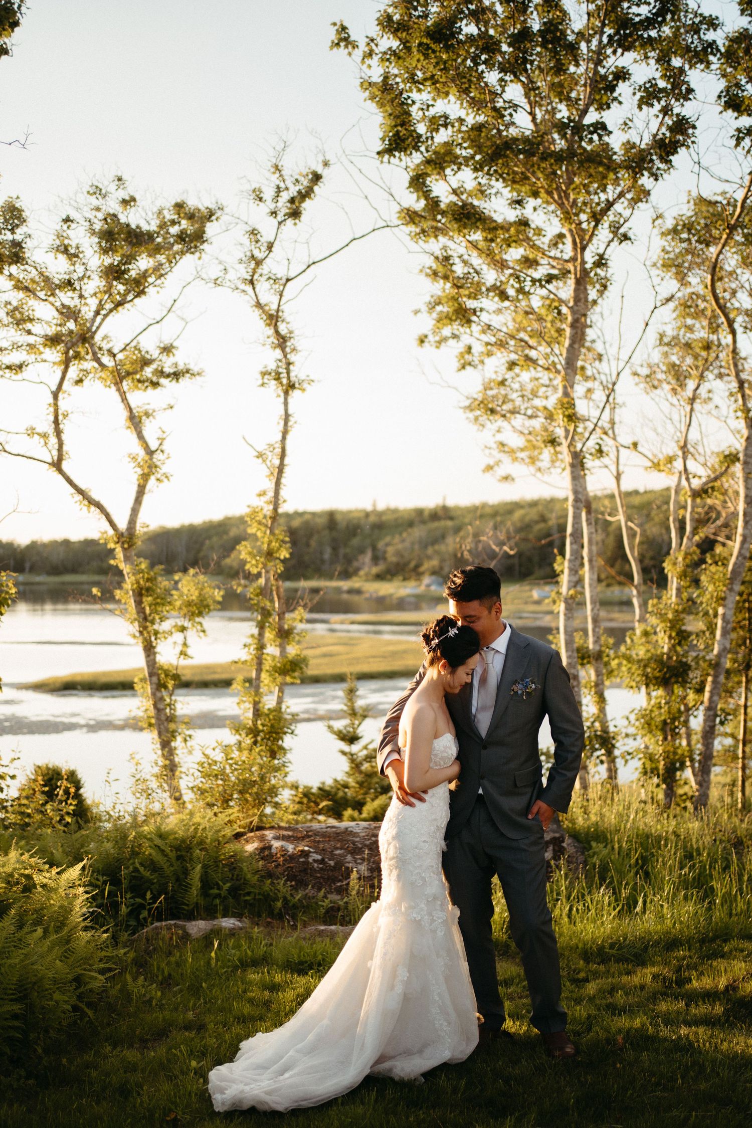 Sunset wedding portrait with couple among trees overlooking coastal waters in Halifax, Nova Scotia.