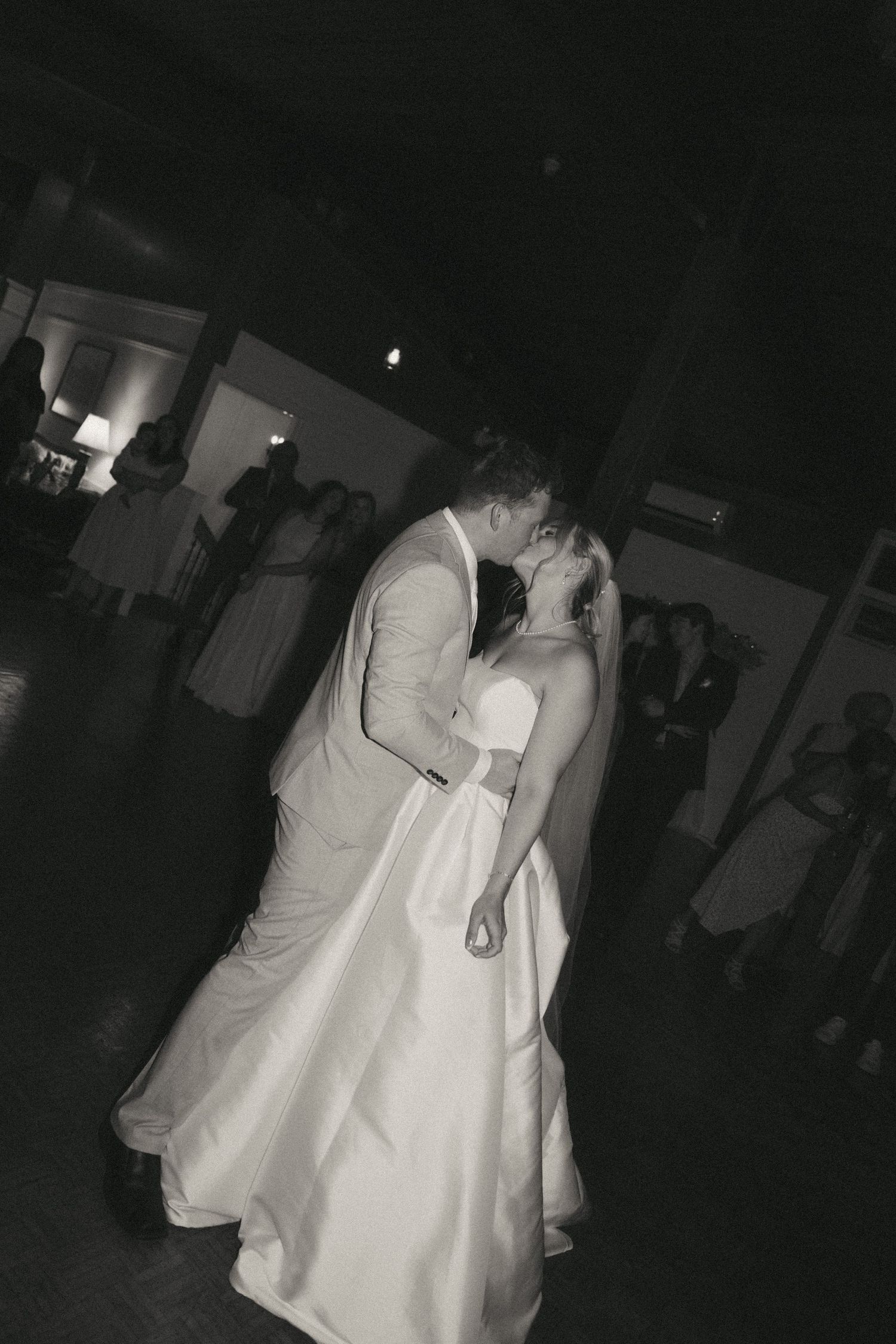 Black and white photo of a romantic first dance at a wedding reception in Halifax, Nova Scotia.