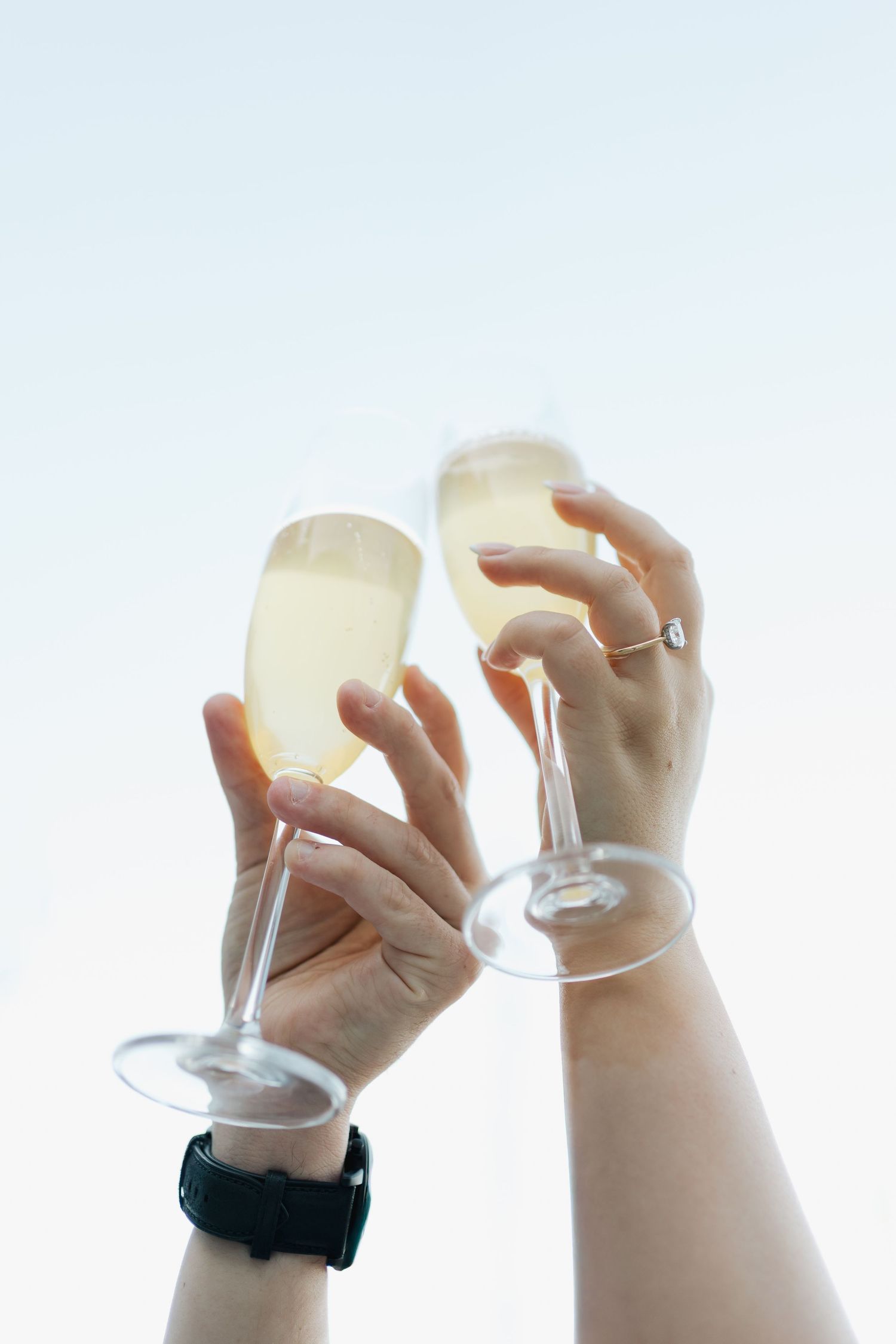 Two hands raise champagne glasses against a bright sky for a celebratory toast in Halifax, Nova Scotia.